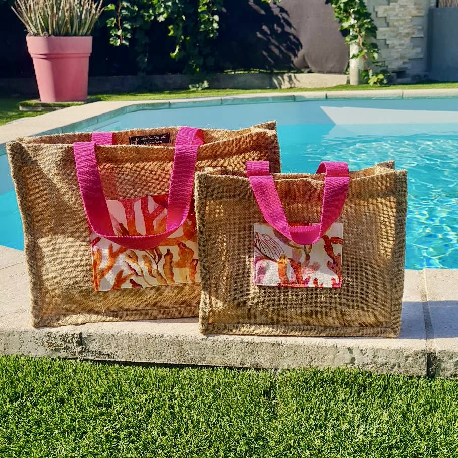 Cabas Jute Doré Coquillages Rose